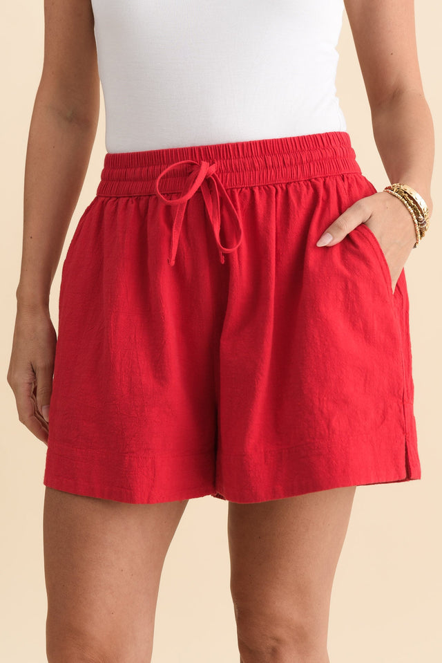 Esme Red Cotton Drawstring Shorts,Brunette model,alt text|model:MJ image 6
