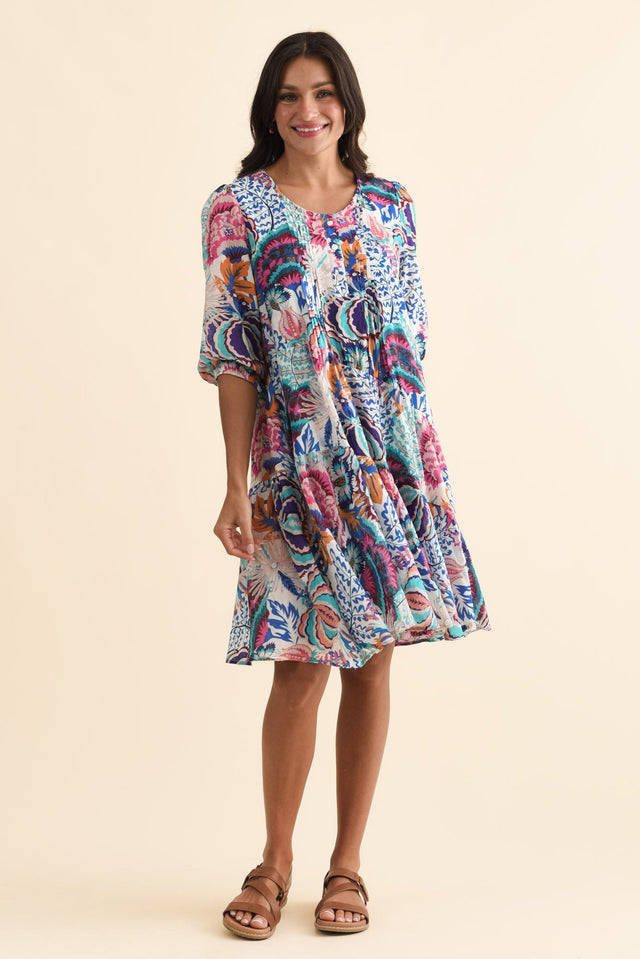 Esta Blue Garden Sleeved Dress,Brunette model,alt text|model:Brontie image 3