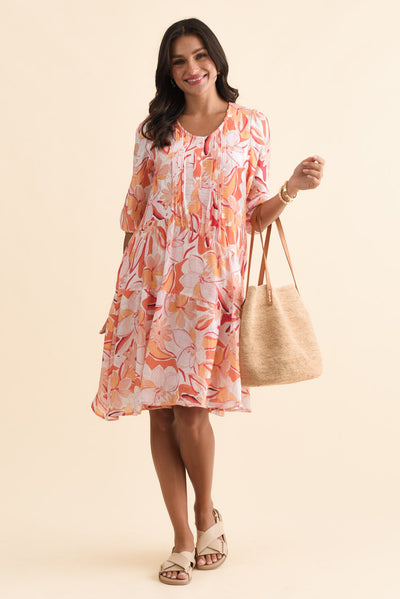Esta Orange Flower Sleeved Dress
