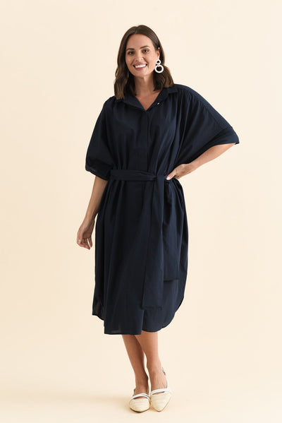 Esther Navy Cotton Tie Dress