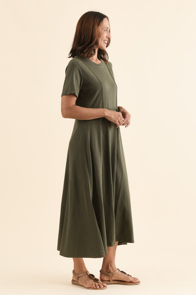 Eva Khaki Cotton Midi Dress,Side,Brunette model,alt text|model:Cara image 3