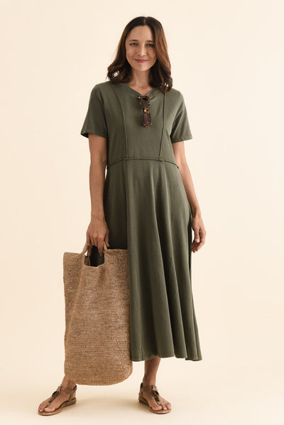 Eva Khaki Cotton Midi Dress