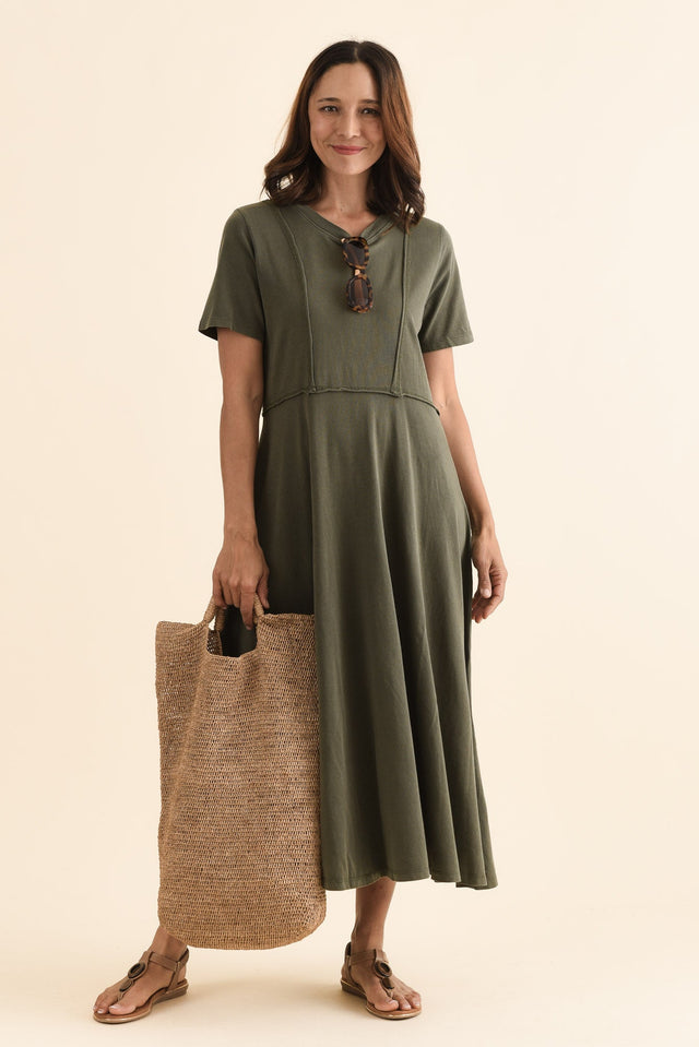 Eva Khaki Cotton Midi Dress,Front,Brunette model,alt text|model:Cara image 1
