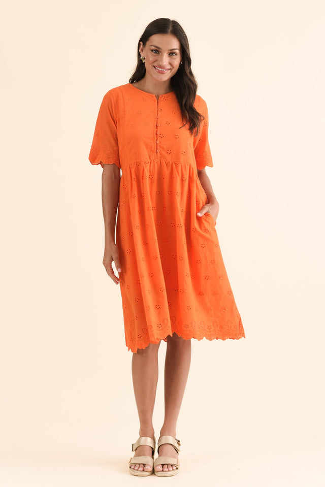 Evia Orange Cotton Embroidered Dress,Full Body,Brunette model,alt text|model:Brontie