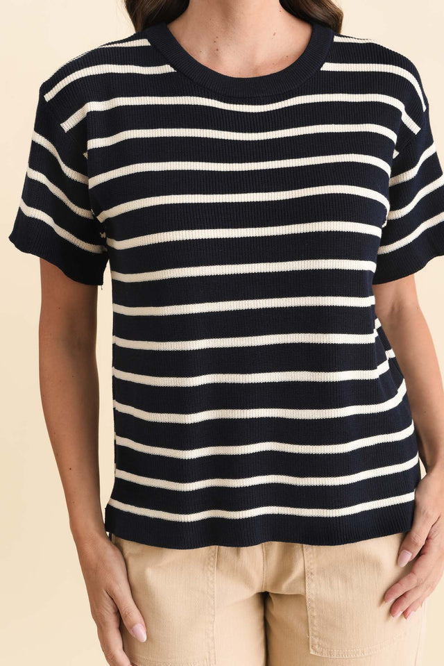 Fabian Navy Stripe Cotton Knit Top,Brunette model,alt text|model:MJ image 6