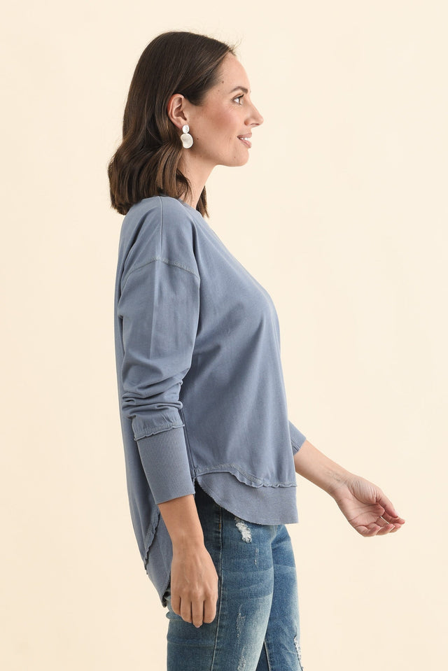 Farrah Blue Cotton Long Sleeve Top,Brunette model,alt text|model:MJ image 4