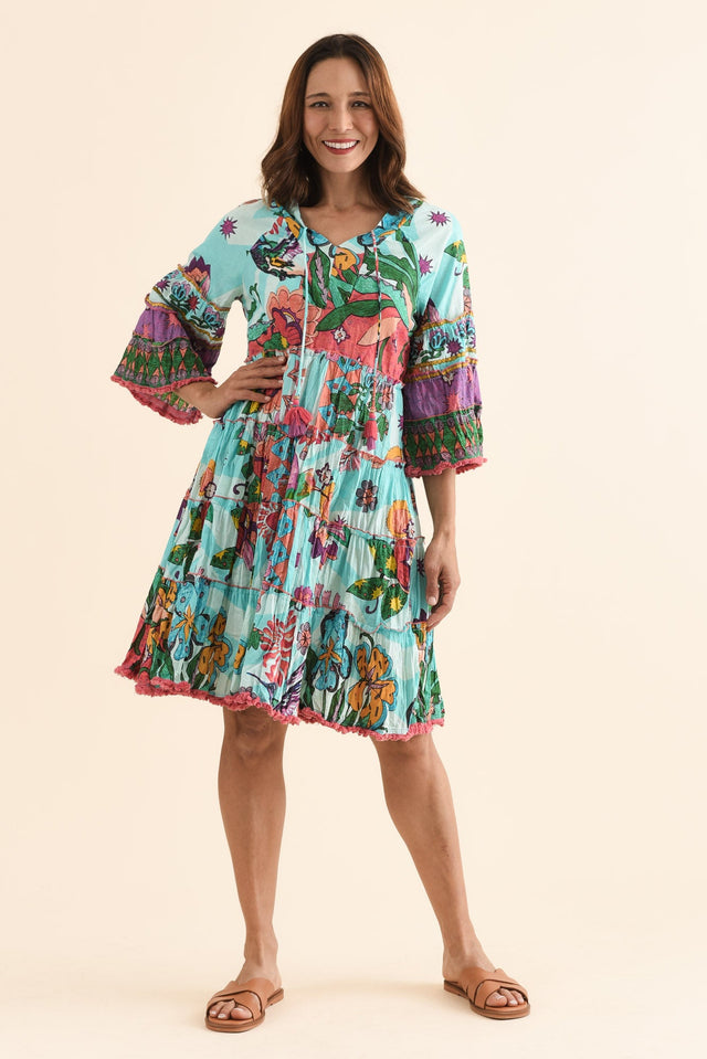 Farren Blue Floral Tiered Dress,Front,Brunette model,alt text|model:Cara