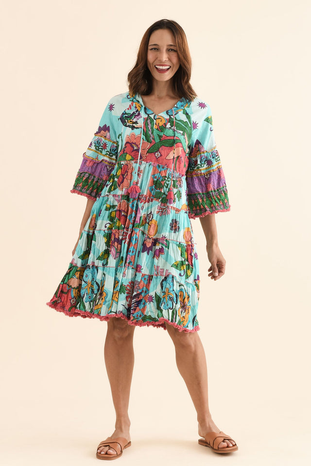 Farren Blue Floral Tiered Dress,Full Body,Brunette model,alt text|model:Cara image 6