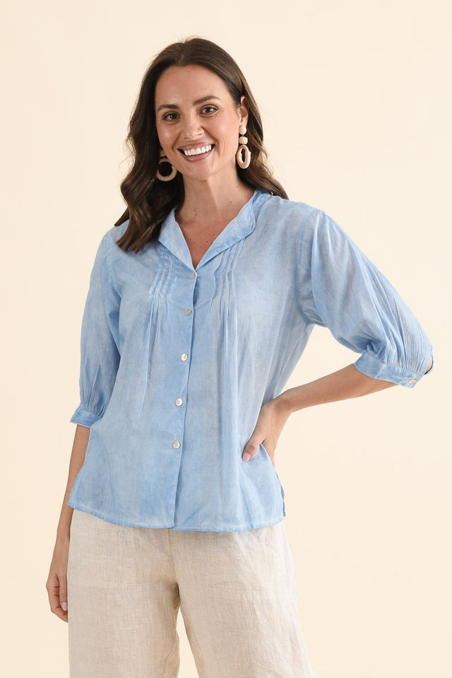 Farrow Blue Cotton Pleated Blouse,Front,Brunette model,alt text|model:MJ image 1