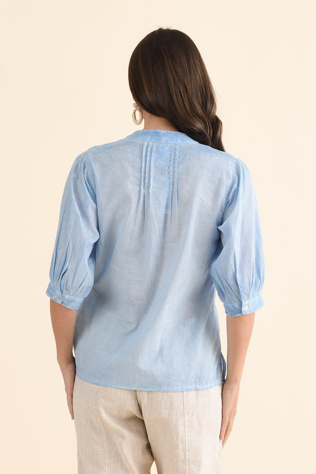 Farrow Blue Cotton Pleated Blouse,Back,Brunette model,alt text|model:MJ image 4