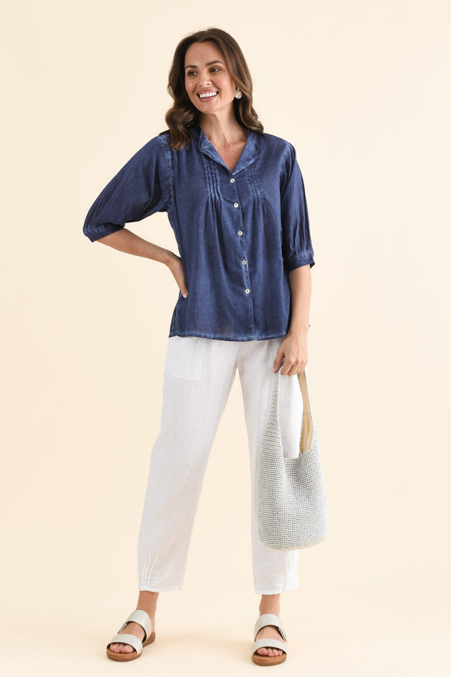 Farrow Navy Cotton Pleated Blouse,Full Body,Brunette model,alt text|model:MJ image 2