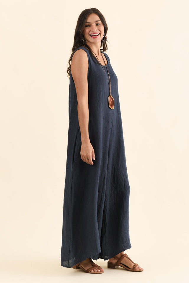 Fay Navy Linen Jumpsuit,Side,Brunette model,alt text|model:Brontie image 3