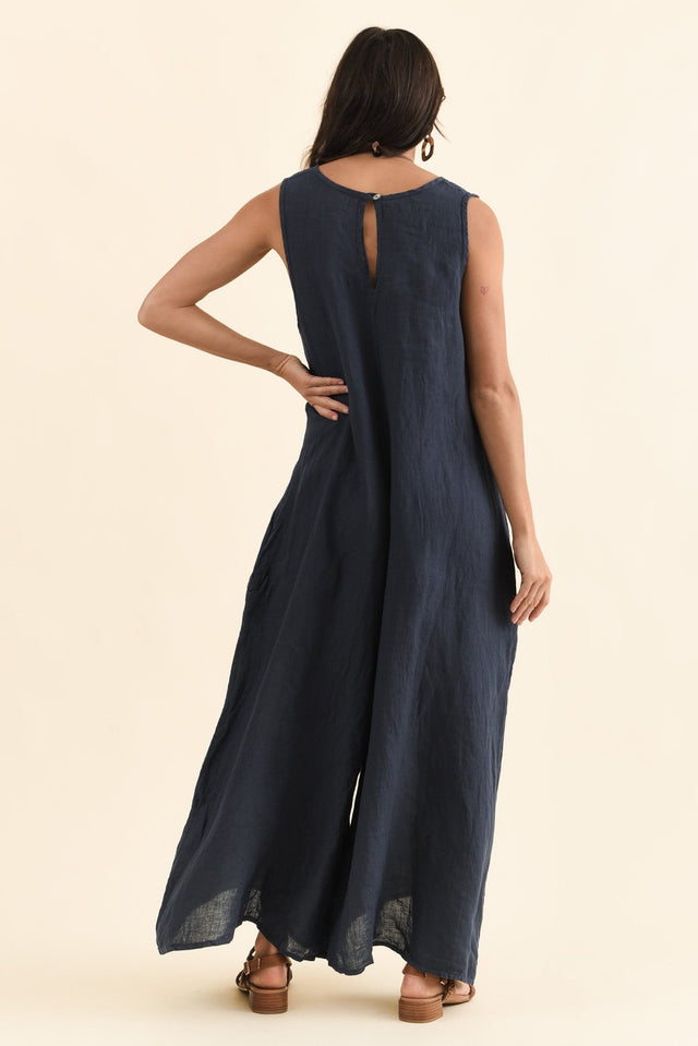 Fay Navy Linen Jumpsuit,Back,Brunette model,alt text|model:Brontie image 4