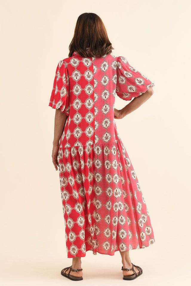 Felix Pink Palm Shirt Dress,Back,Brunette model,alt text|model:Cara image 4
