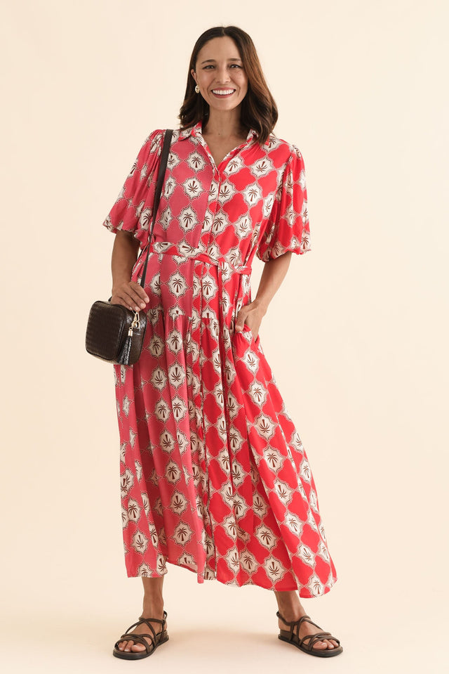 Felix Pink Palm Shirt Dress,Front,Brunette model,alt text|model:Cara