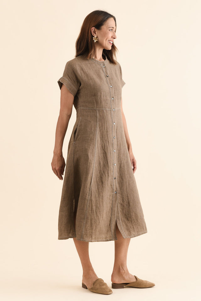 Fenton Mocha Linen Button Dress,Side,Brunette model,alt text|model:Cara image 3