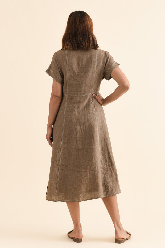 Fenton Mocha Linen Button Dress,Back,Brunette model,alt text|model:Cara image 4