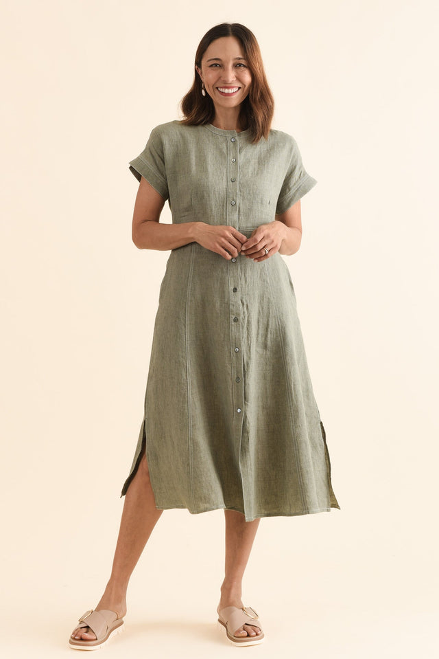 Fenton Sage Linen Button Dress,Full Body,Brunette model,alt text|model:Cara image 6