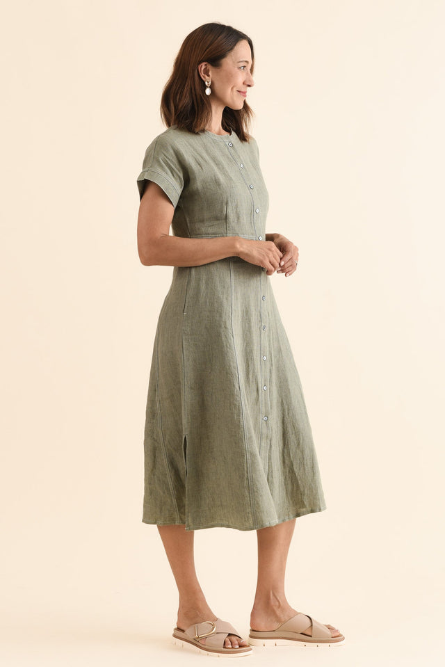 Fenton Sage Linen Button Dress,Side,Brunette model,alt text|model:Cara image 3
