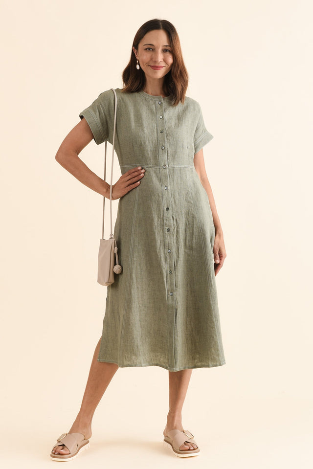 Fenton Sage Linen Button Dress,Front,Brunette model,alt text|model:Cara