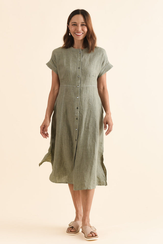 Fenton Sage Linen Button Dress,Full Body,Brunette model,alt text|model:Cara