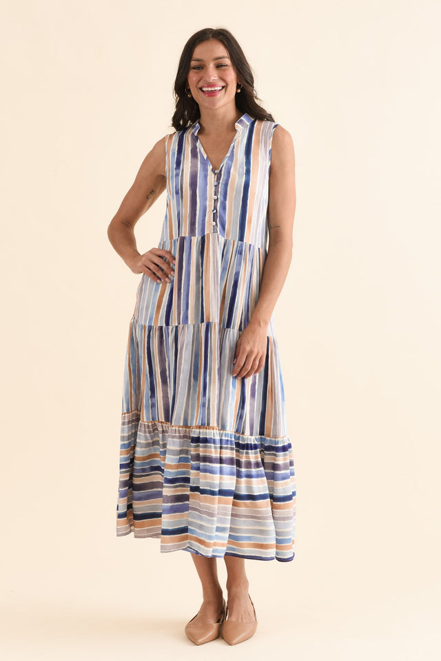 Fernando Blue Stripe Button Dress,Full Body,Brunette model,alt text|model:Brontie