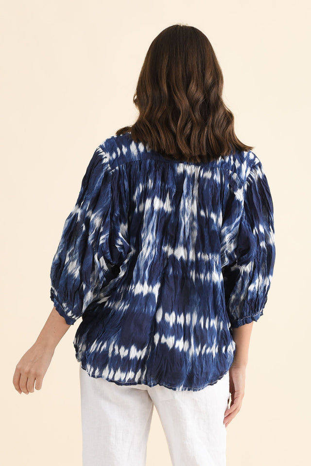 Feyra Navy Tie Dye Crinkle Cotton Blouse,Back,Brunette model,alt text|model:MJ image 4