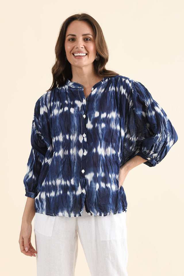 Feyra Navy Tie Dye Crinkle Cotton Blouse,Front,Brunette model,alt text|model:MJ image 1