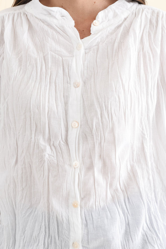 Feyra White Crinkle Cotton Blouse,Detail,Brunette model,alt text|model:MJ image 5