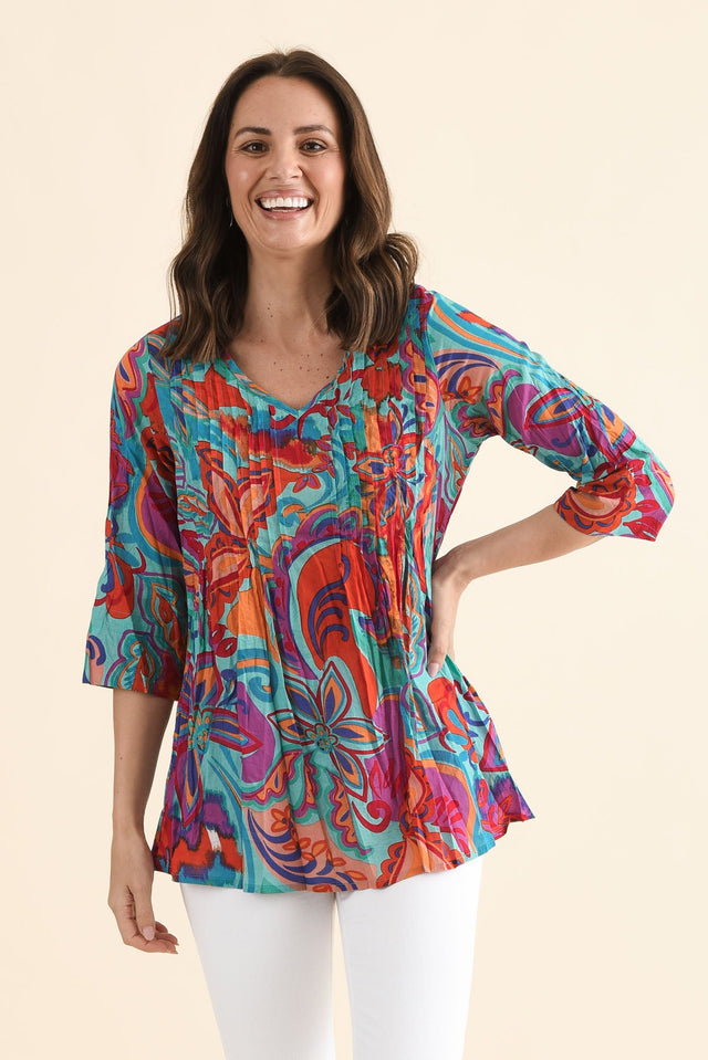 Fia Blue Foliage Sleeved Crinkle Cotton Top,Front,Brunette model,alt text|model:MJ image 1