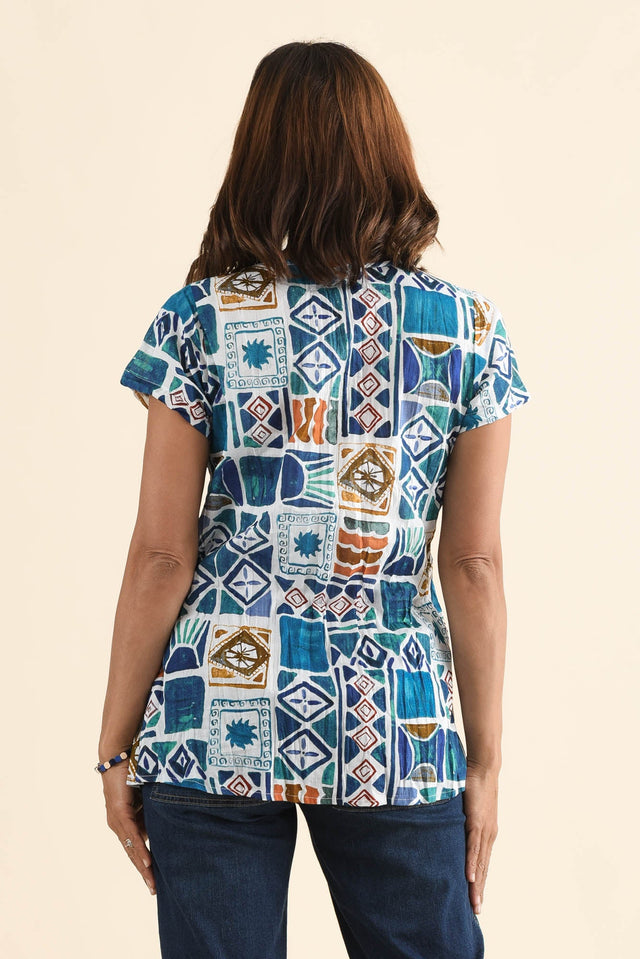 Fia Blue Tile Crinkle Cotton Top,Back,Brunette model,alt text|model:Cara image 4