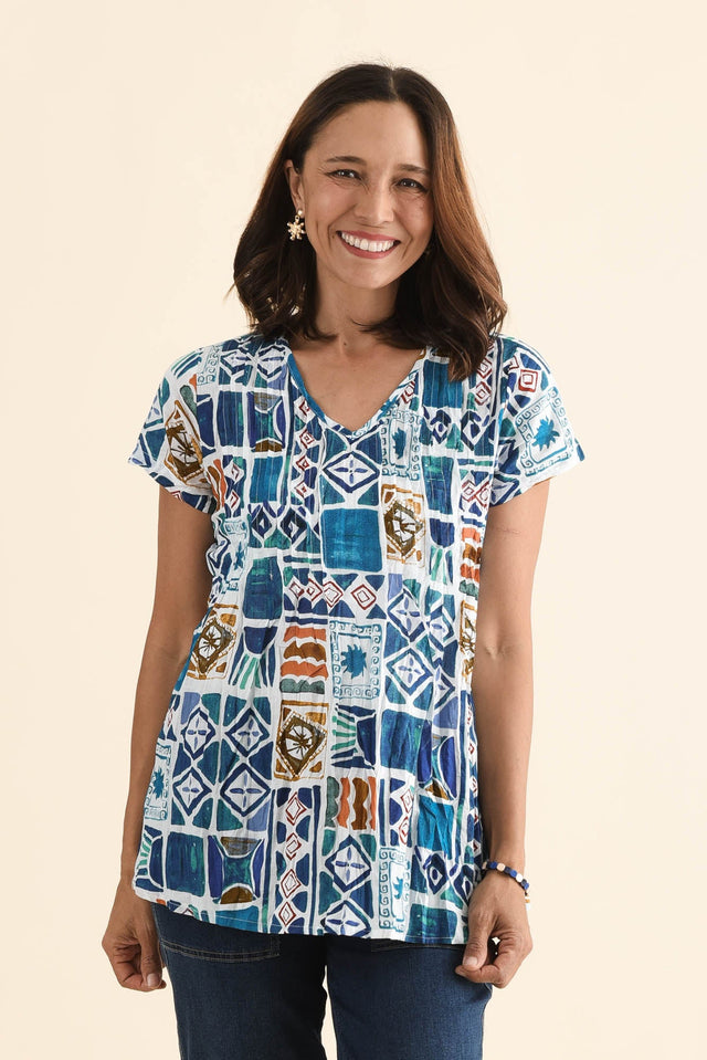 Fia Blue Tile Crinkle Cotton Top,Front,Brunette model,alt text|model:Cara image 1