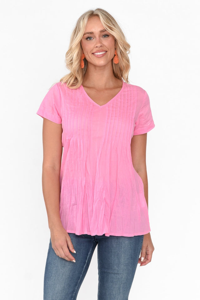 Fia Bright Pink Cotton Top neckline_V Neck alt text|model:Zoe