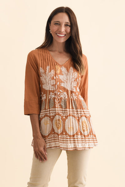 Fia Brown Beach Sleeved Crinkle Cotton Top
