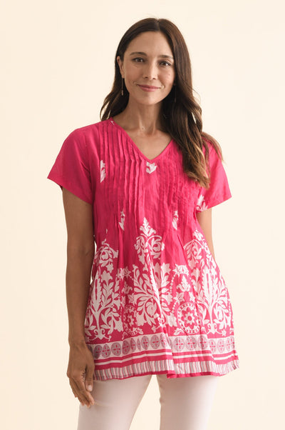 Fia Fuchsia Abstract Crinkle Cotton Top