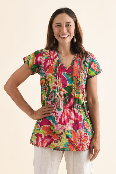 Fia Green Mosaic Crinkle Cotton Top