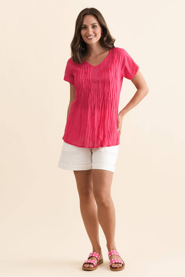 Fia Hot Pink Crinkle Cotton Top,Brunette model,alt text|model:MJ image 7