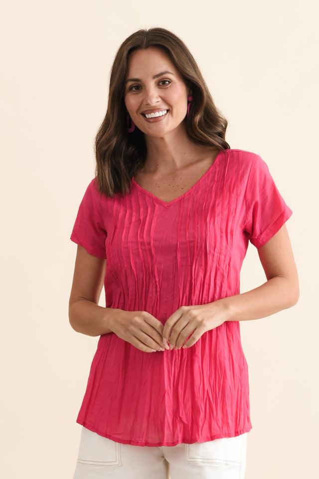 Fia Hot Pink Crinkle Cotton Top,Brunette model,alt text|model:MJ