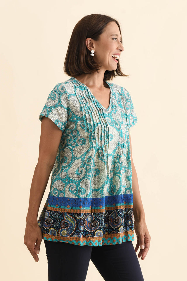 Fia Light Blue Paisley Crinkle Cotton Top,Brunette model,alt text|model:Cara image 4