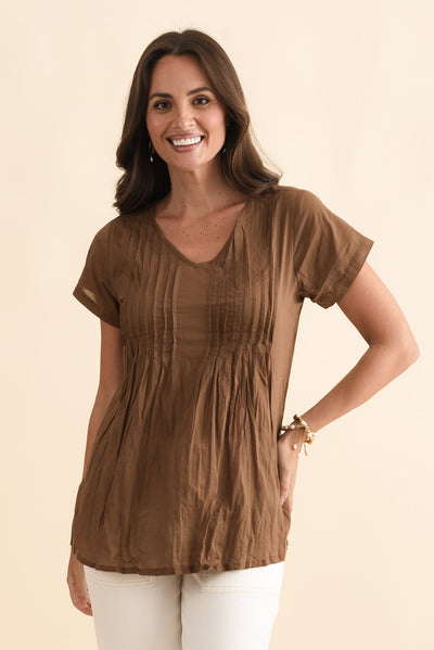 Fia Mocha Crinkle Cotton Top