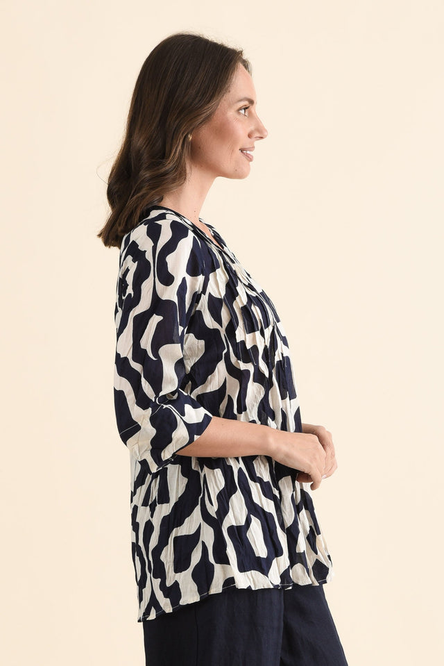 Fia Navy Motif Sleeved Crinkle Cotton Top,Side,Brunette model,alt text|model:MJ image 3