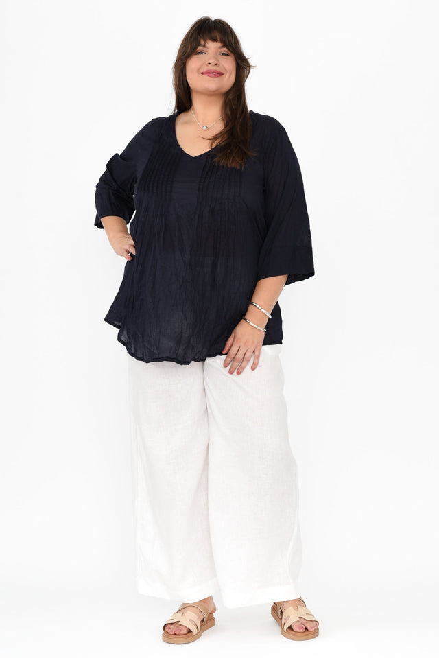 Fia Navy Sleeved Crinkle Cotton Top,Brunette model,alt text|model:Gabby image 9