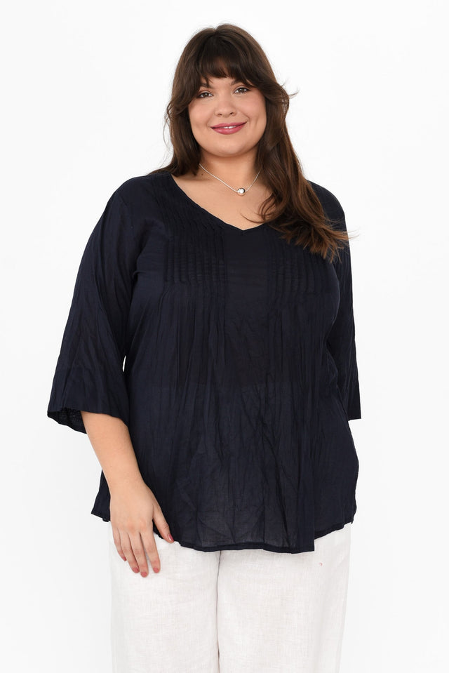 Fia Navy Sleeved Crinkle Cotton Top,Brunette model,plus-size,curve-tops,plus-size-cotton-tops,alt text|model:Gabby image 8