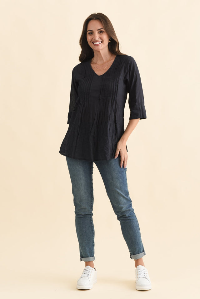 Fia Navy Sleeved Crinkle Cotton Top,Brunette model,alt text|model:MJ image 3