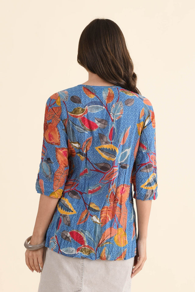 Fia Orange Garden Sleeved Crinkle Cotton Top,Back,Brunette model,alt text|model:MJ image 4