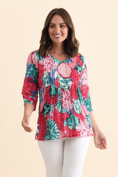Fia Pink Abstract Sleeved Crinkle Cotton Top
