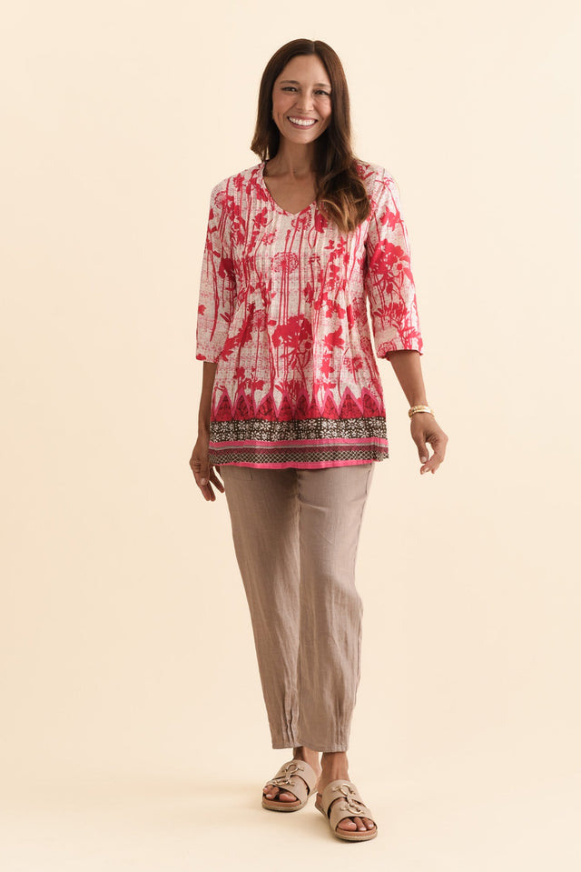 Fia Pink Dandelion Sleeved Crinkle Cotton Top,Brunette model,alt text|model:Cara image 4