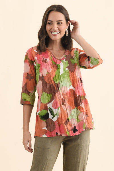 Fia Pink Floral Sleeved Crinkle Cotton Top