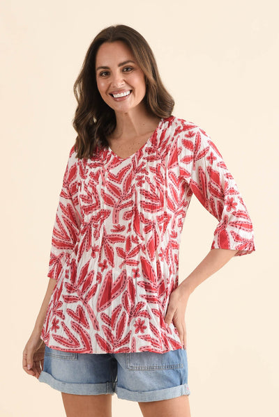 Fia Red Leaf Sleeved Crinkle Cotton Top