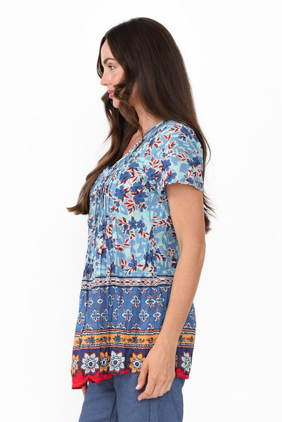 Fia Sky Blue Sleeved Crinkle Cotton Top main image 1